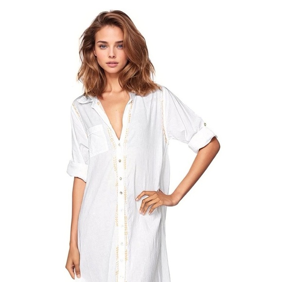 SUBTLE LUXURY Boyfriend White Embroidered Maxi Kaftan Dress S/M - Picture 4 of 14